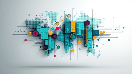 Poster - E-commerce Ecosystem Map, a data-driven representation showcasing dynamic financial icons and tech grids within a minimalist, clean backdrop emphasizing open space.