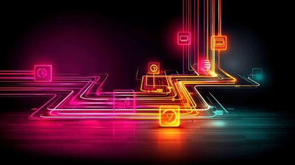 Poster - Neon Payment Flow Concept, futuristic payment infrastructure design, vibrant neon light trails depicting cross-border transactions, minimalist backdrop, clean aesthetics, ample free space