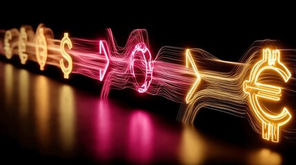 Poster - Neon Payment Flow Concept, futuristic payment infrastructure design showcasing cross-border transactions through vibrant light trails and minimalist icons on a clean backdrop