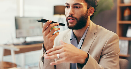 Poster - Man, phone and speaker in office for business, voice memo and speech to text for agenda update. Administrator, thinking and mobile in agency for audio message, contact agent and communication on call