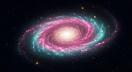 Wall Mural - Spiral galaxy with vibrant pink and teal colors, surrounded by a dark space