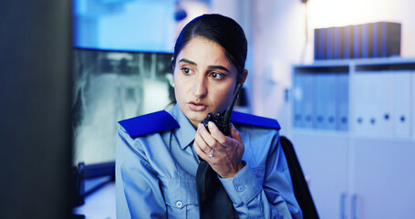 Poster - Security, radio and woman in control room talking for surveillance, investigation and protection service. Law enforcement, communication and person on computer for safety, inspection and contact