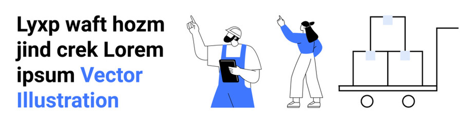 Poster - worker with clipboard and colleague gesturing near stacked boxes on a trolley. ideal for logistics, 