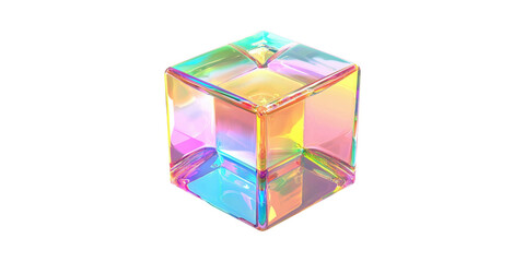 Poster - Colorful Iridescent Glass Cube. Vibrant Prism Reflecting Light Isolated On Transparent Background