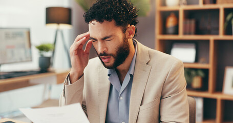 Leinwandbilder - Headache, document and businessman in office with burnout, stress and fatigue for brain fog. Exhausted, finance report and male financial manager with migraine for mistake on company budget plan.