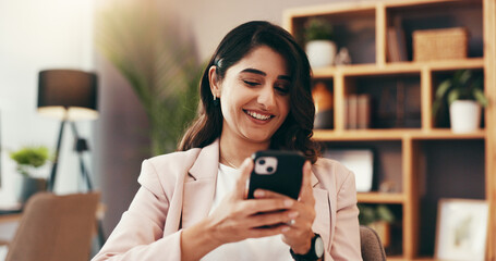 Poster - Phone, typing and business with woman in home office for government lawyer, federal justice policy and networking. State prosecutor, smile and political administration with person and online review