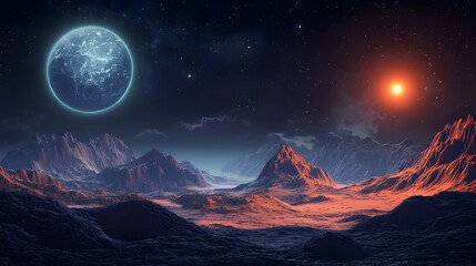 Wall Mural - Futuristic Alien Landscape Featuring Twin Moons and Distant Planets with Glowing Mountains