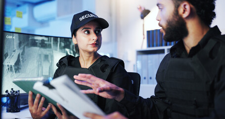 Poster - Night, security team and discussion in control room for feedback, advice or standard procedure with tablet. Man, woman guard or paperwork in office for protocol rundown, service or tech on late shift