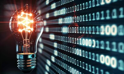Poster - A bright light bulb illuminates dark surroundings with its warm glow, while cascading streams of binary code create a striking backdrop highlighting technology.