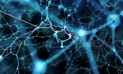 Fototapete - This artwork features a complex network of interconnected structures in vibrant blue tones, illustrating the beauty of neural connections against a dark background.