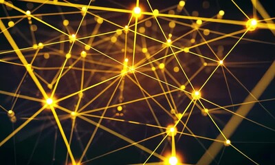 Fototapete - An abstract display of golden network connections intertwining against a dark backdrop illustrates the intricate web of technology and communication in the digital age.