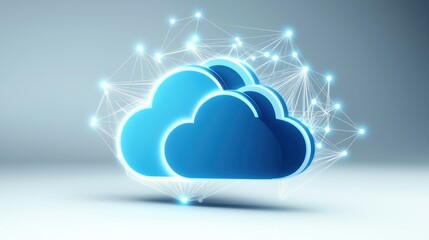 Poster - Stylized blue cloud icons connected by digital lines against a light background.