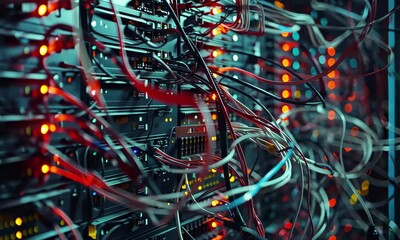 Poster - Cables and lights illuminate a densely packed server rack in a data center, showcasing the intricate connectivity and technology at work during nighttime hours.
