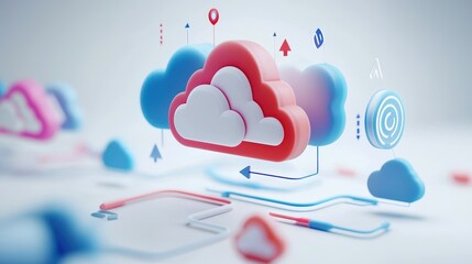 Poster - A vibrant 3D illustration of cloud computing symbols in blue and red tones.