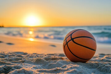 Wall Mural - Basketball on sandy beach with the sun setting over the ocean. It shows sport, recreation, and a relaxed vacation lifestyle.