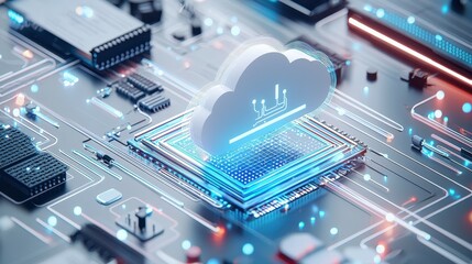 Poster - Futuristic cloud computing concept with vibrant circuit board elements.