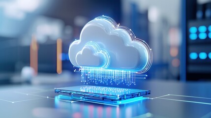Poster - Futuristic cloud computing concept illustrated above a digital device.