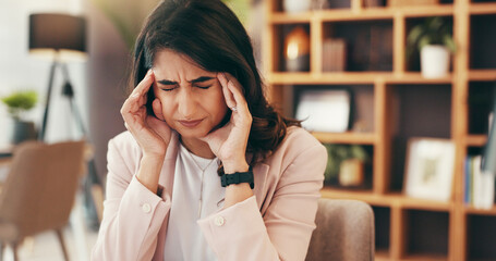 Poster - Headache, stress and businesswoman in office with burnout, doubt and fatigue for brain fog. Exhausted, finance career and female financial manager with migraine for mistake, tired or overwhelmed.