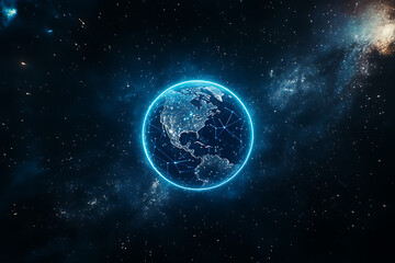 Wall Mural - planet earth in space , binary code technology , glowing sphere on black background