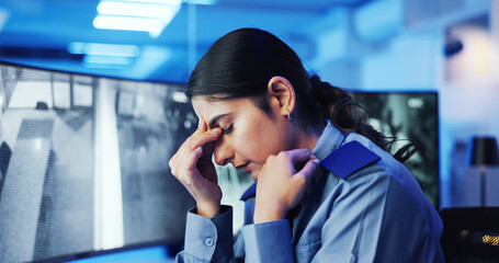 Aufkleber - Headache, security guard and woman with pain, frustrated or cctv screen in night shift for safety. Fatigue, eye strain or person with video surveillance in control room for overtime protection agency