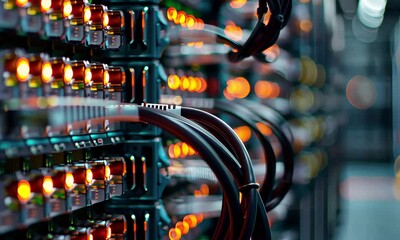 Poster - The interior of a modern data center features rows of servers, each displaying glowing orange indicators, as cables intertwine, showcasing late-night operations.