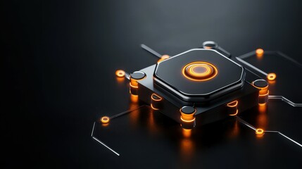 Poster - Futuristic microprocessor with glowing orange elements against a dark background.