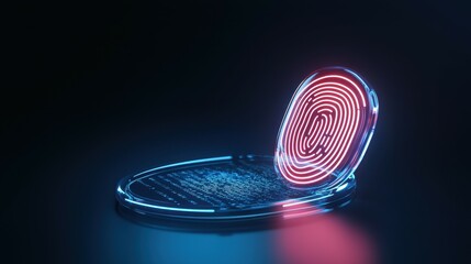 Poster - Futuristic holographic fingerprint scanner glowing in blue and red hues.