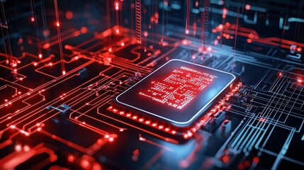Poster - High-tech microchip surrounded by glowing red circuit elements.