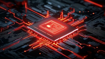 Poster - Close-up of a modern microchip illuminated with red circuitry and intricate patterns.