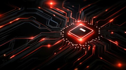 Poster - Futuristic circuit board with glowing microchip in red and black colors.