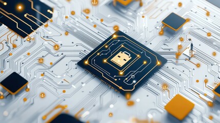 Poster - Close-up of a microchip on a circuit board, showcasing intricate electronic connections.