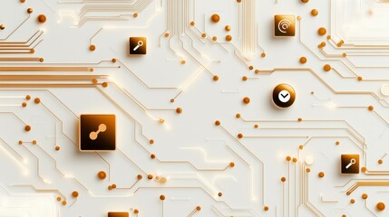 Fototapete - Abstract technology background with circuit patterns and golden icons.