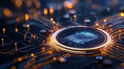Poster - Close-up of a modern circuit board with glowing microchip and vibrant technology elements.