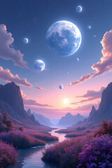 Wall Mural - stormy alien battlefield after war, illuminated clouds, shattered mech ruins, mystic fog rising from