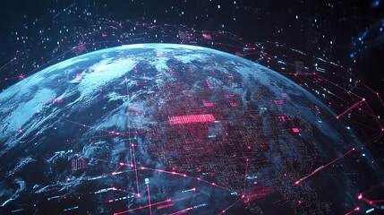 Wall Mural - planet earth in space , binary code technology , glowing sphere on black background