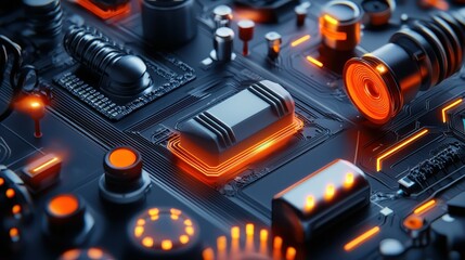 Poster - Close-up of a futuristic circuit board with glowing orange lights and intricate components.
