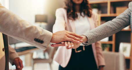 Leinwandbilder - Team, hands and business people with stack in office for support, mission or motivation for group project. Huddle, solidarity and synergy with trust pile, cooperation and corporate collaboration
