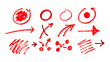© AndrewSh - A dynamic collection of red hand-drawn sketch elements including arrows, circles, scribbles, crosses, and flowchart-style icons. Perfect for presentations, UX wireframes, infographics, or creative ann