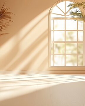 Bright Beige Room Interior with Sunlight Streaming Through Arch Window