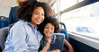 © peopleimages.com - Happy, child and mother with phone on bus for morning commute or social media post. Online message, passenger or kid in city with mom, parent or smile in public transport for funny meme in New York