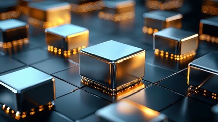 Poster - Abstract metallic cubes with glowing edges on a reflective surface.