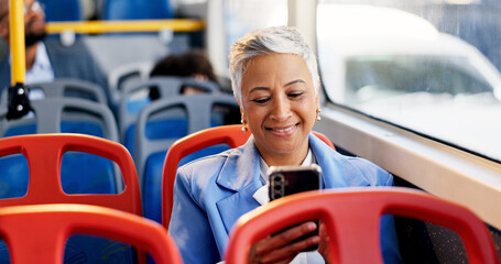 Poster - Phone, smile and businesswoman on bus for travel checking email, communication or contact. Cellphone, happy and female manager with networking online for commute on public transport in city.