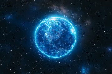 Wall Mural - planet earth in space , binary code technology , glowing sphere on black background