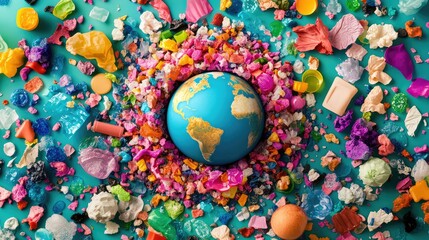 Poster - Miniature Earth in the center of a ring of colorful plastic debris, illustrating pollution concerns
