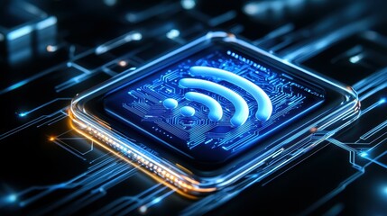 Poster - Futuristic wireless symbol on a circuit board background, highlighting technology innovation.