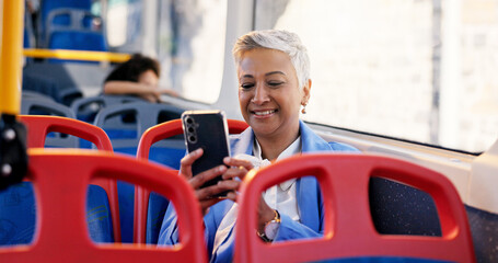 Poster - Cellphone, smile and businesswoman on bus for travel checking email, communication or contact. Phone, connectivity and female manager with networking online for commute on public transport in city.