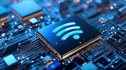 Poster - Close-up of a futuristic circuit board with glowing Wi-Fi symbol on a microchip.