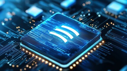 Poster - Futuristic microchip with glowing digital patterns and symbols.