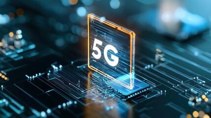 Poster - 5G technology symbol on a digital circuit board background, glowing in neon hues.