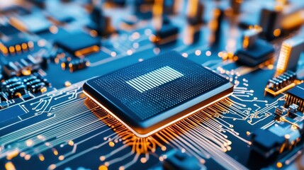 Poster - Close-up of a computer microprocessor on a circuit board with glowing connections.